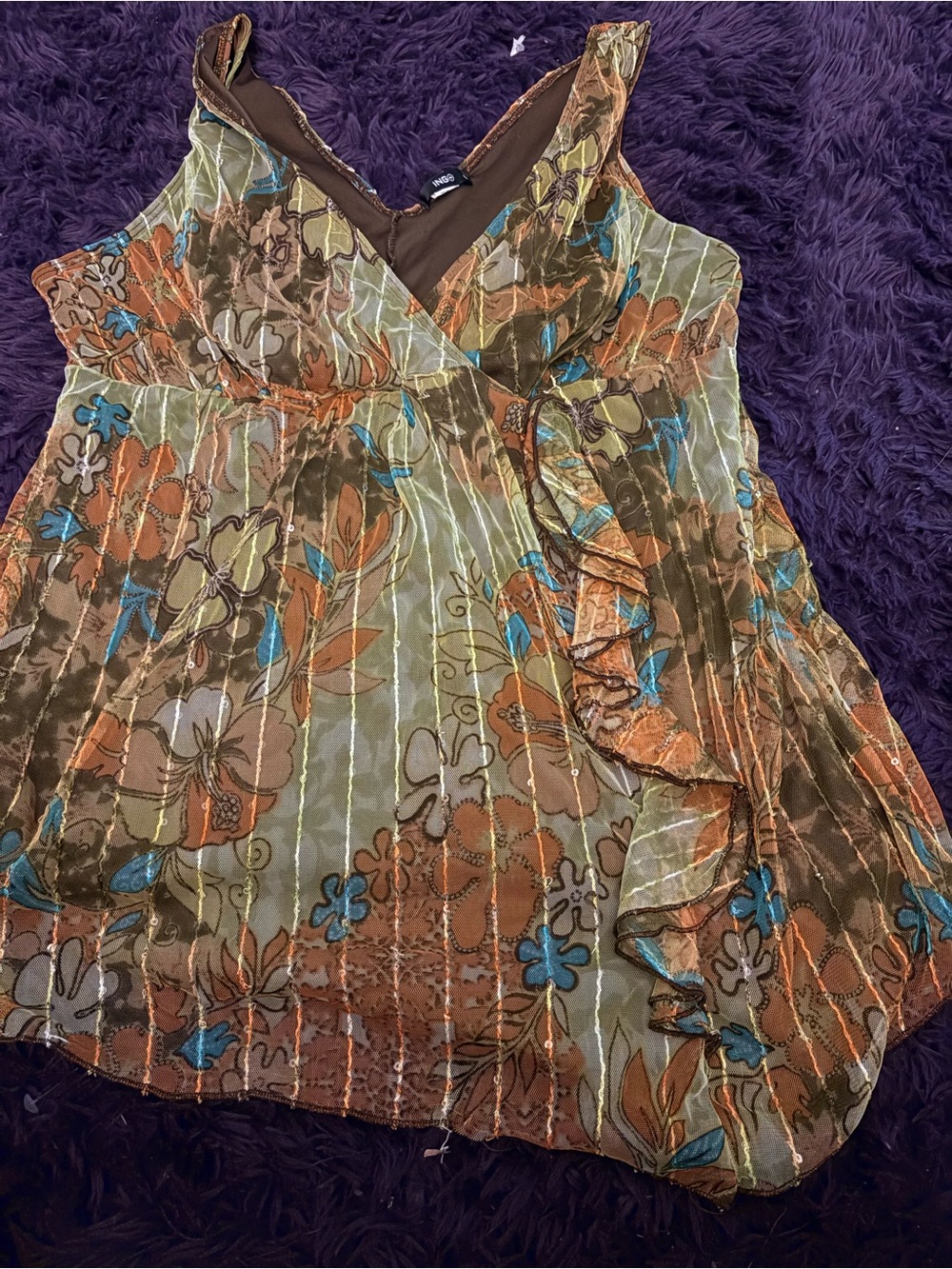 Ing Brown Multi Floral Ruffle Tank